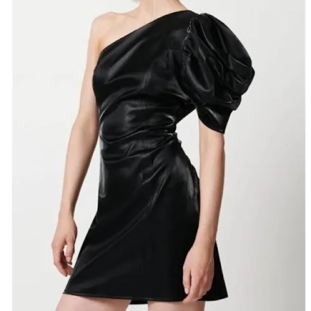 Elliatt One-Shoulder Faux Leather Mini Dress | Puff Sleeve Black Cocktail S - Picture 1 of 10